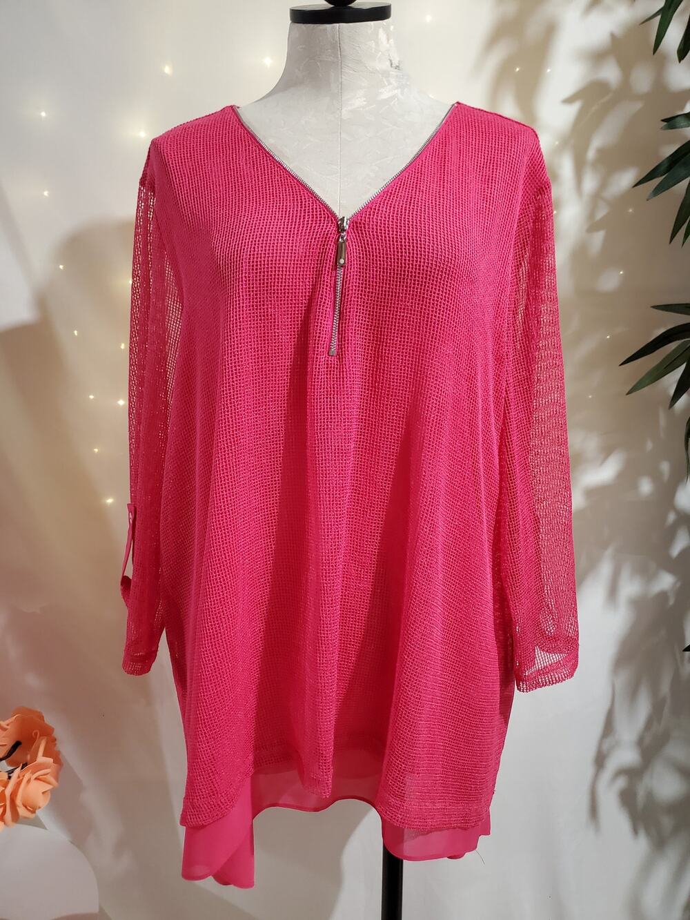 Joseph Ribkoff 1/4 Zip Mesh Overlay Top Plus Size 22 Hot Pink Roll Tab Sleeve